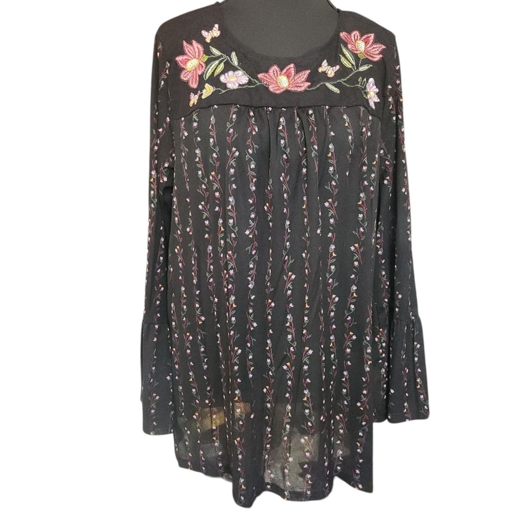 Black Sheer Mesh Floral Embroidered Boho Blouse Bell Sleeve Whimsigoth Top XL - Picture 2 of 9